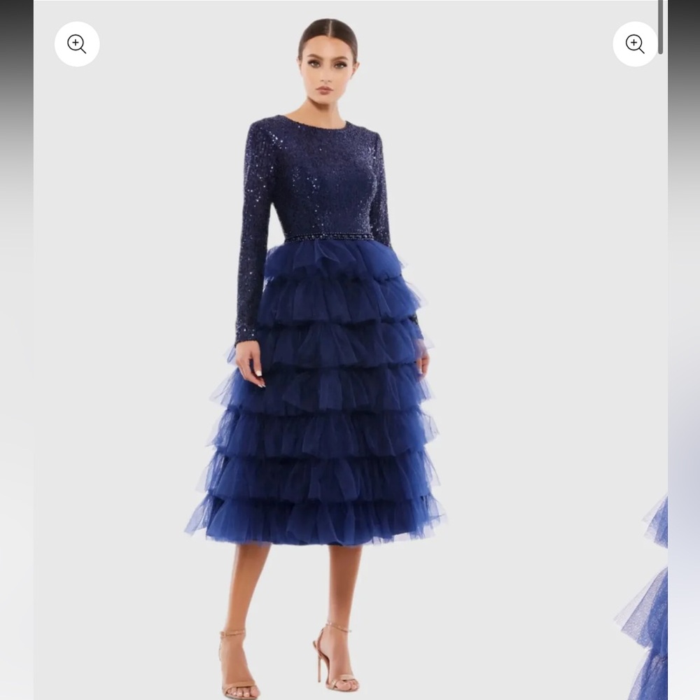 Mac Duggal Long Sleeve Ruffle Tiered Midi Dress